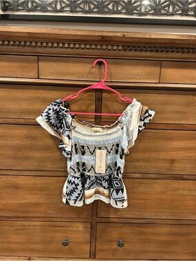 Smocked Off-Shoulder Aztec Print Top in White, Black & Tan, and blue